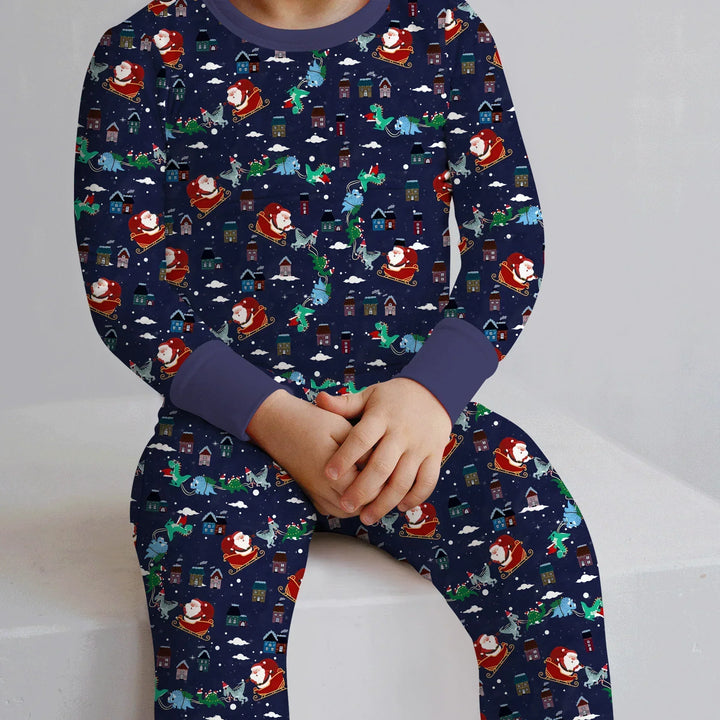 Dinosaurs Santa's sleigh Bamboo Two Piece Long Sleeve Pajama Set