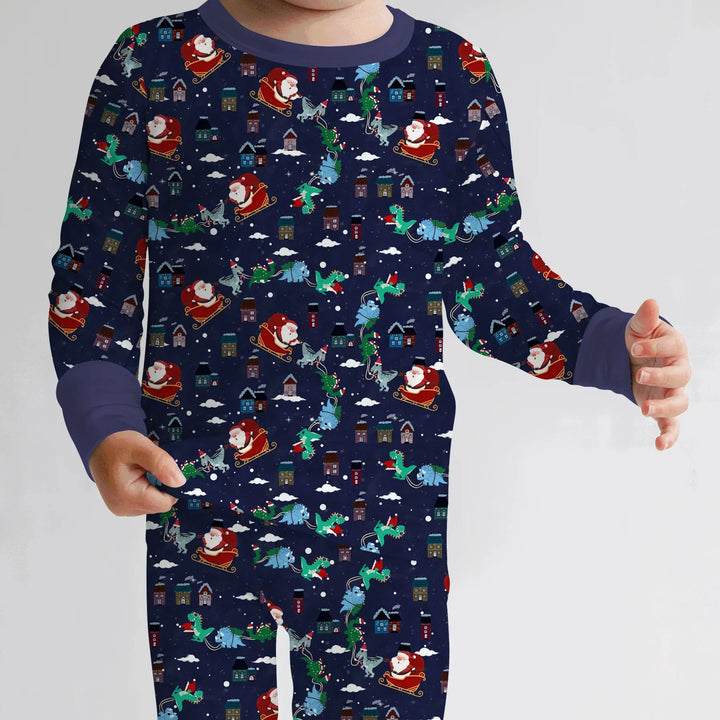 Dinosaurs Santa's sleigh Bamboo Two Piece Long Sleeve Pajama Set