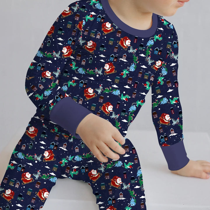 Dinosaurs Santa's sleigh Bamboo Two Piece Long Sleeve Pajama Set