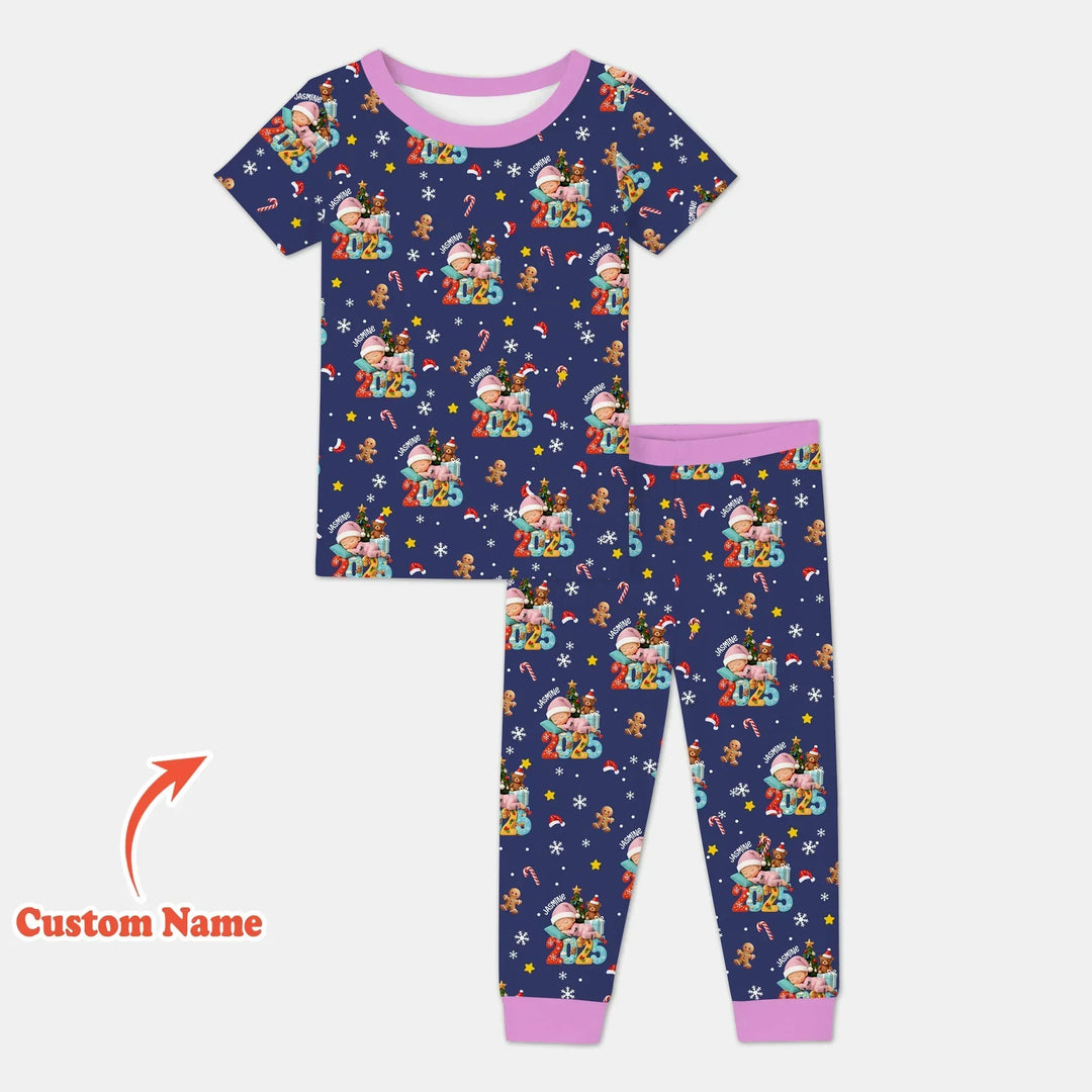 Custom Name Baby Girl's First Christmas Bamboo Two Piece Short Sleeve Pajama Set
