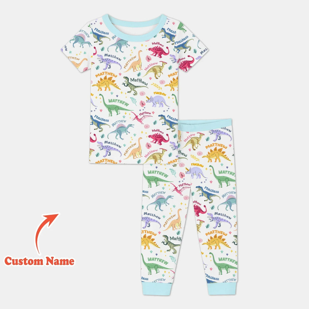 Dino Roar Custom Name Bamboo Two Piece Short Sleeve Pajama Set