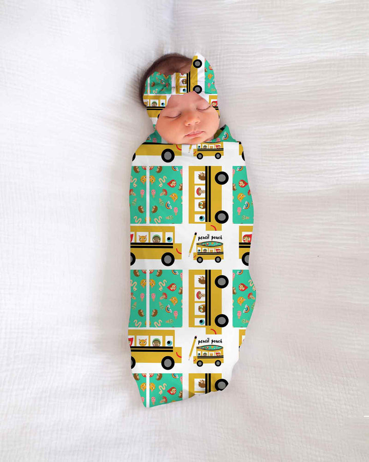 School Bus Adventures swaddle blanket