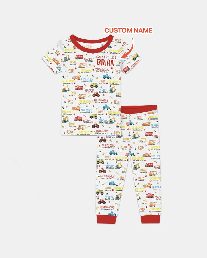 Personalized God Says I Am Little Builder Bamboo Two Piece Short Sleeve Pajama Set