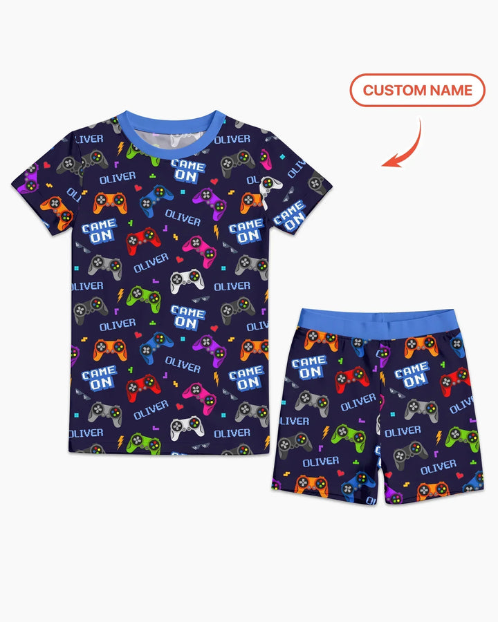 Custom Name Game On Family Matching Bamboo Two Piece Short Sleeve Shorts Pajama Set