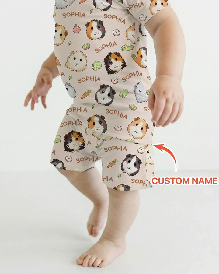 Custom Name Cute Guinea Pigs Bamboo Two Piece Short Sleeve Shorts Pajama Set