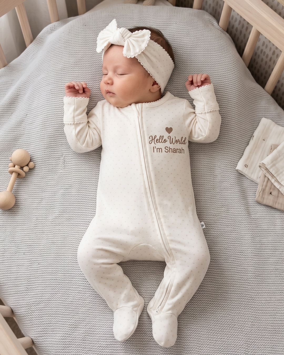 Hello World Embroidered Picot Trim Bamboo Zippered Footie Romper