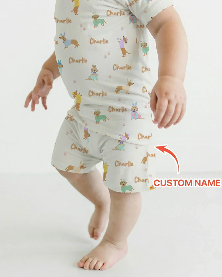Custom Name Easter Dachshund Bamboo Two Piece Short Sleeve Shorts Pajama Set
