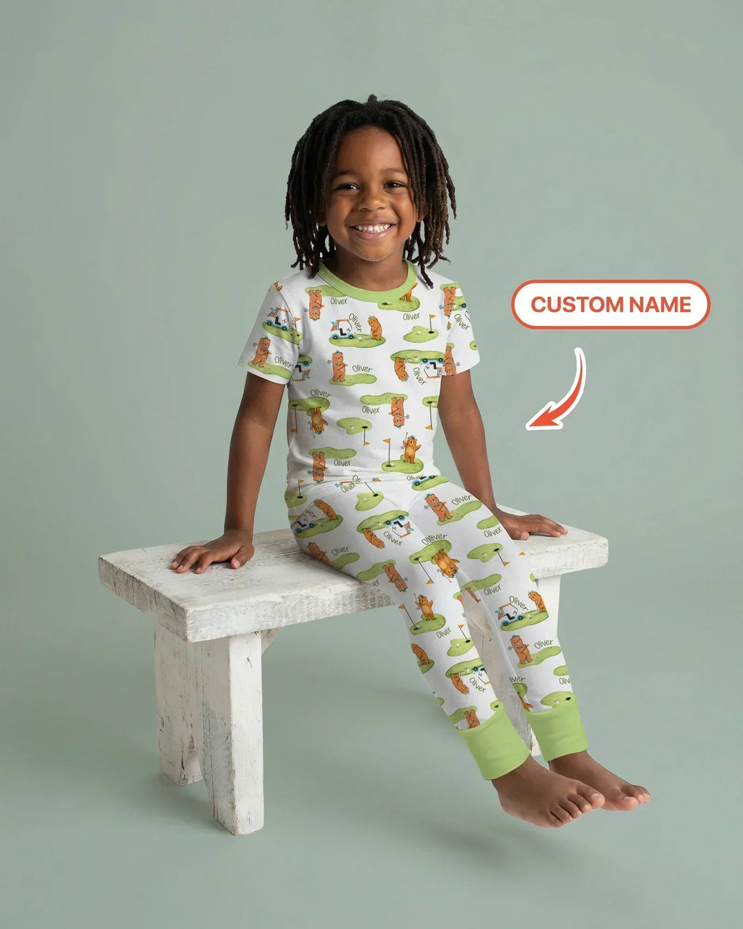 Custom Name Little Bear Golf Club Bamboo Two Piece Short Sleeve Pajama Set