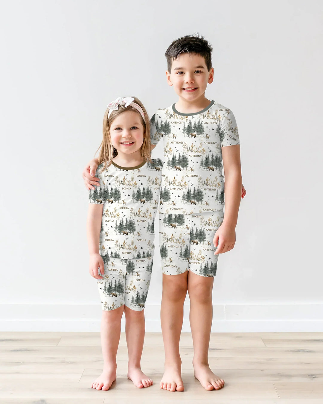 Custom Name Forest Bear Deer Bamboo Two Piece Short Sleeve Shorts Pajama Set
