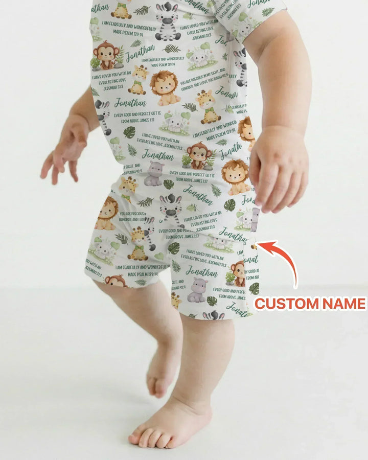 Custom Name Bible Verse Safari Animal Bamboo Two Piece Short Sleeve Shorts Pajama Set