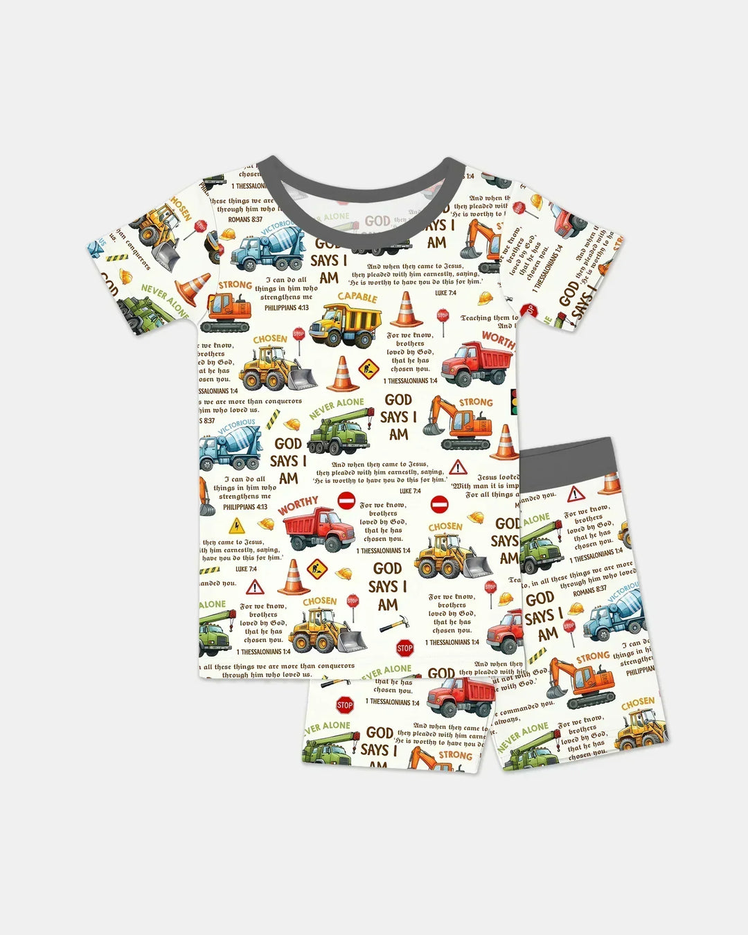 Bible Verse Construction Trucks Bamboo Two Piece Short Sleeve Shorts Pajama Set