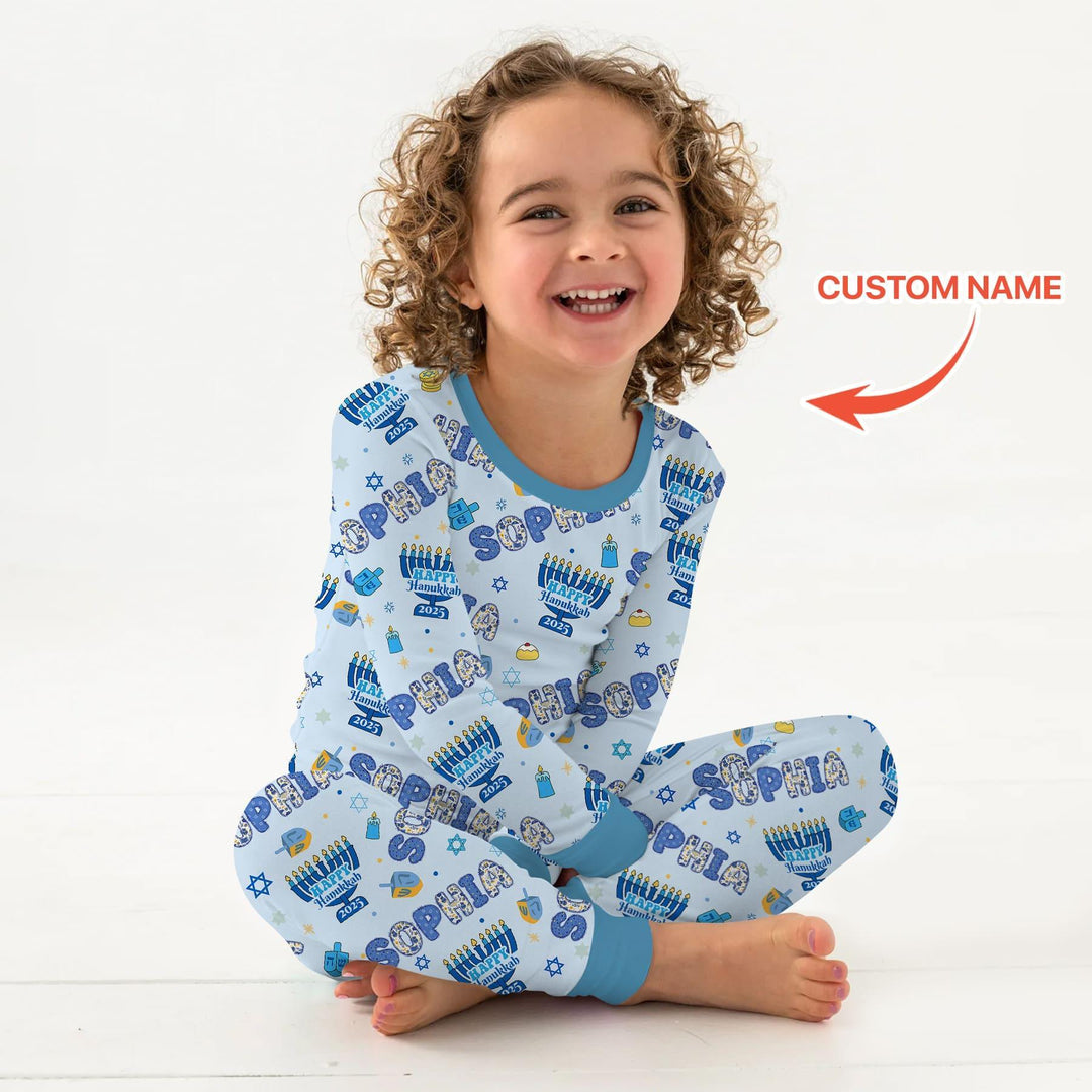 Custom name Happy Hanukkah 2025 Bamboo Two Piece Long Sleeve Pajama Set