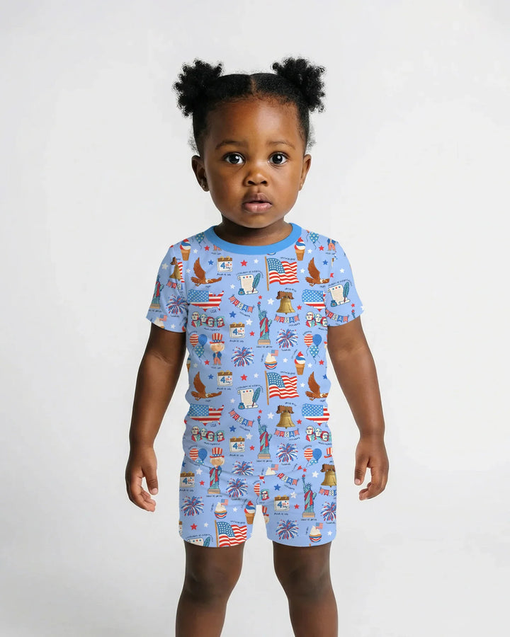 Hand Drawn Patriotic Iconic Bamboo Two Piece Short Sleeve Shorts Pajama Set