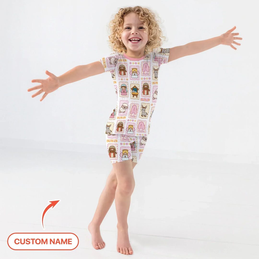 Custom Name Christmas Nativity Bamboo Two Piece Short Sleeve Shorts Pajama Set