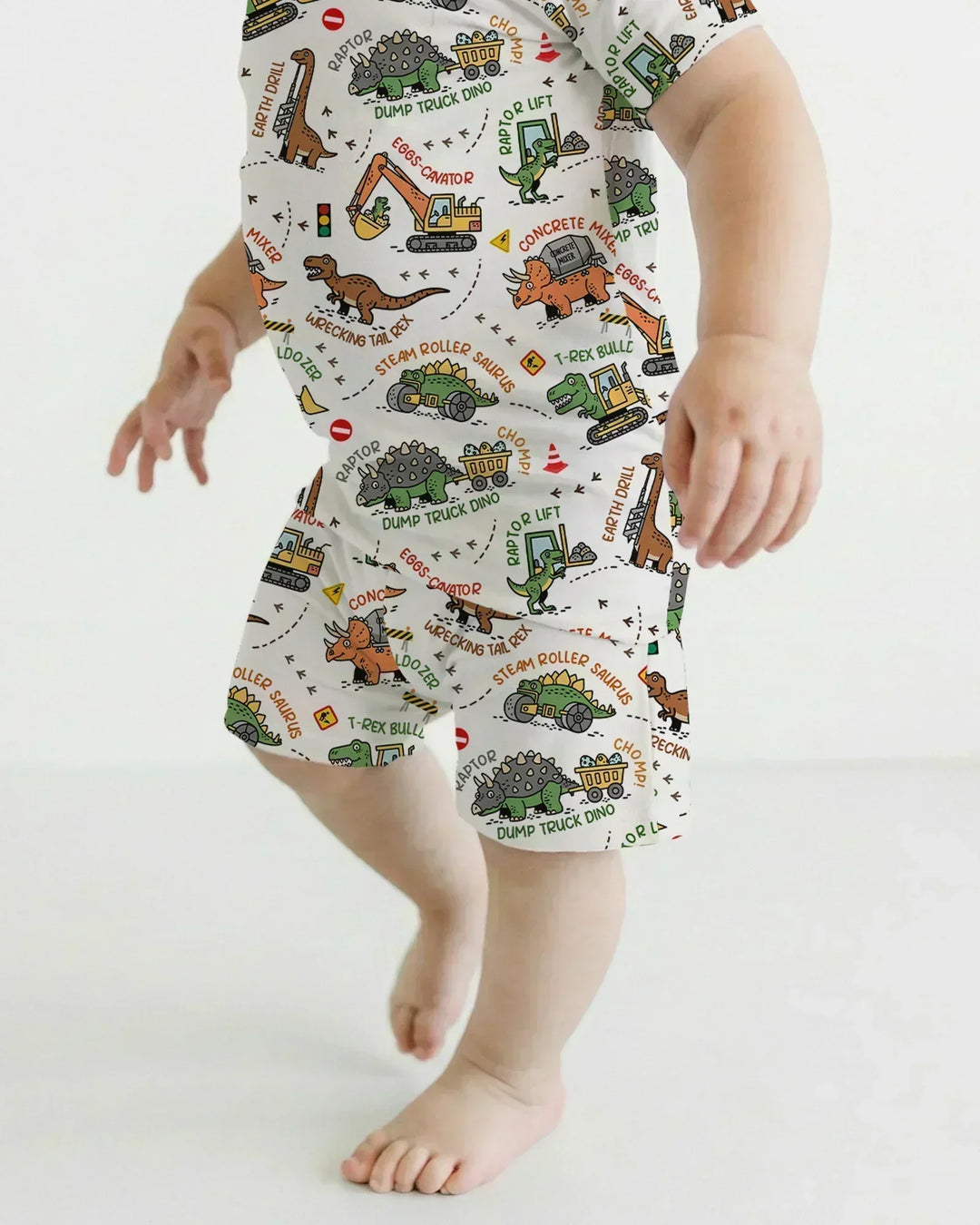 Dinosaur Construction Truck Bamboo Two Piece Short Sleeve Shorts Pajama Set