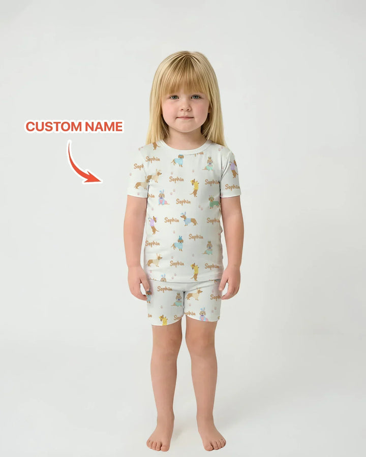 Custom Name Easter Dachshund Bamboo Two Piece Short Sleeve Shorts Pajama Set