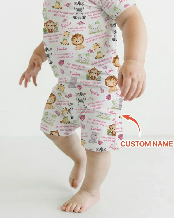 Custom Name Bible Verse Safari Animal Bamboo Two Piece Short Sleeve Shorts Pajama Set