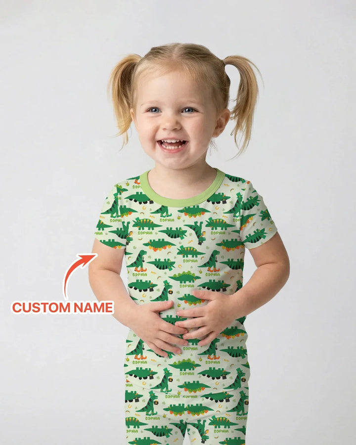 St. Patrick's Day Dinosaurs Custom Bamboo Two Piece Short Sleeve Pajama Set