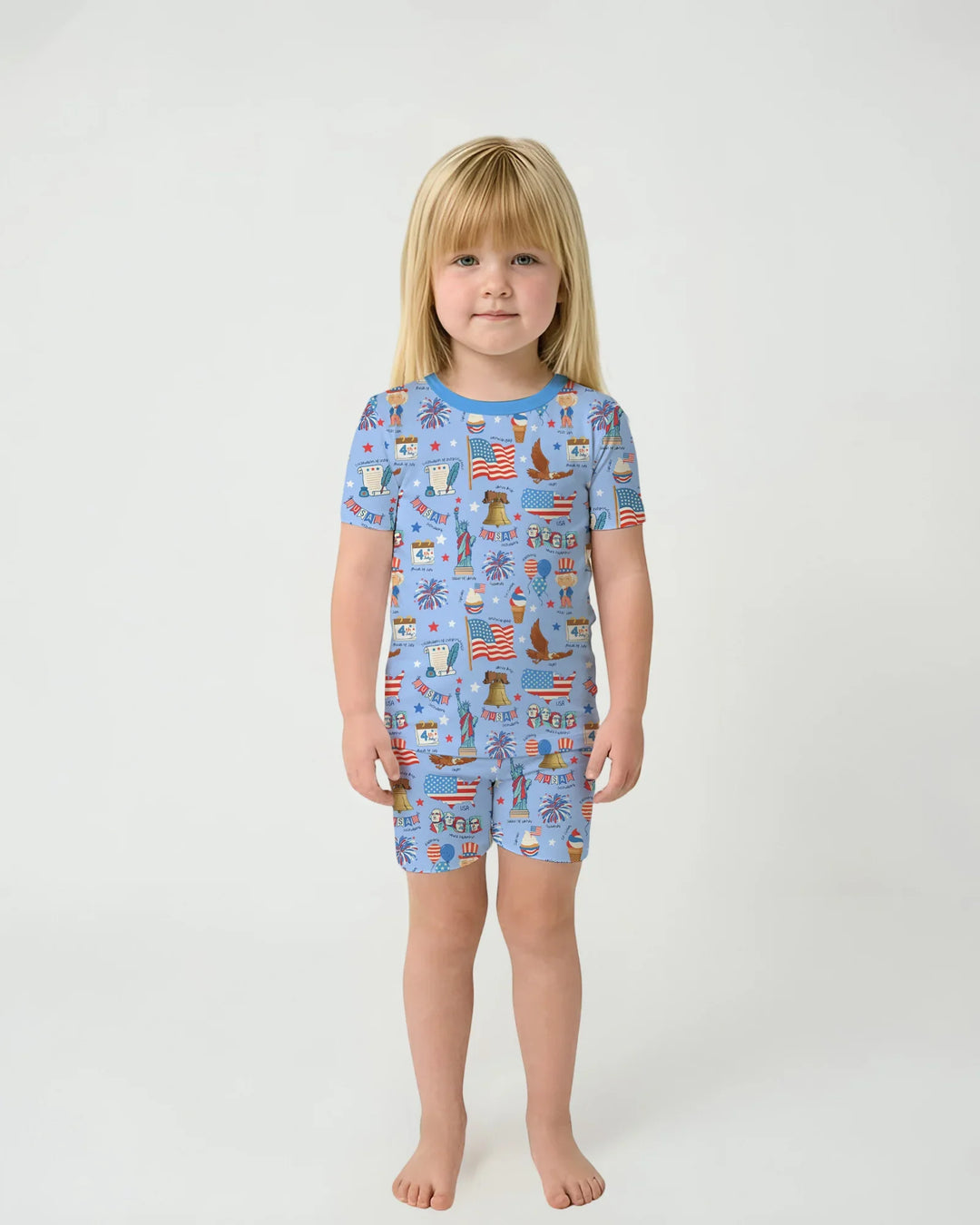 Hand Drawn Patriotic Iconic Bamboo Two Piece Short Sleeve Shorts Pajama Set