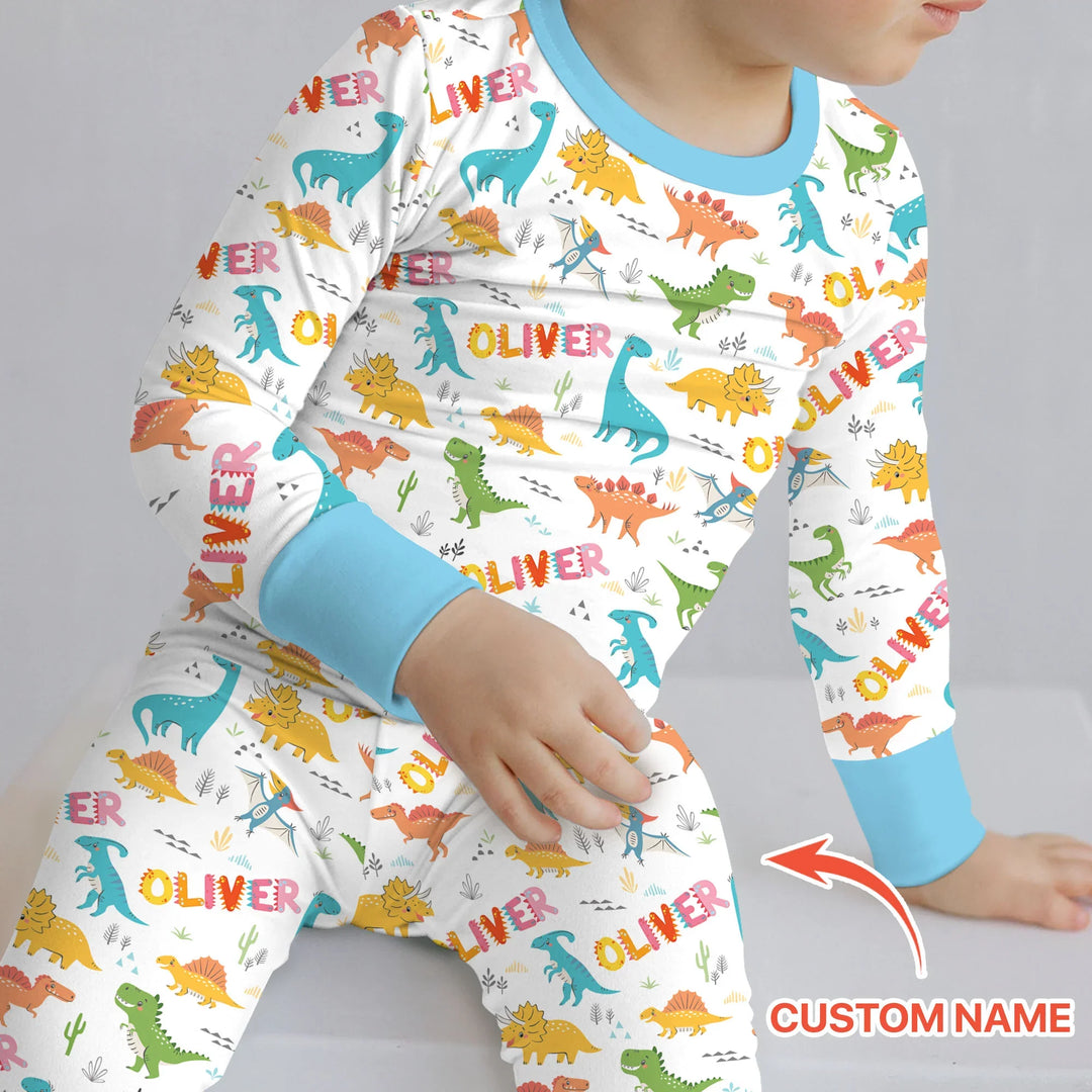 Dino Adventure Custom Name Bamboo Two Piece Long Sleeve Pajama Set
