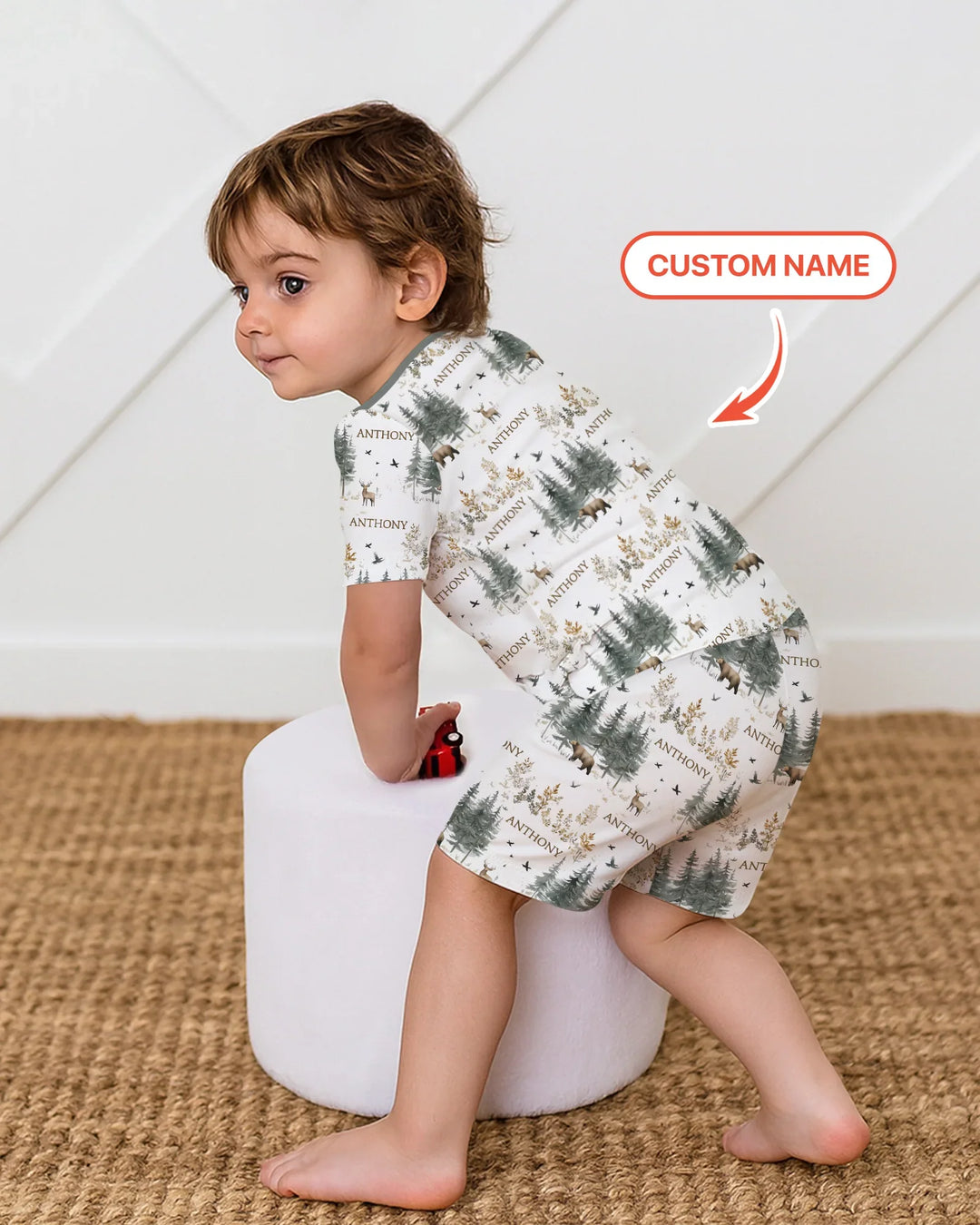 Custom Name Forest Bear Deer Bamboo Two Piece Short Sleeve Shorts Pajama Set