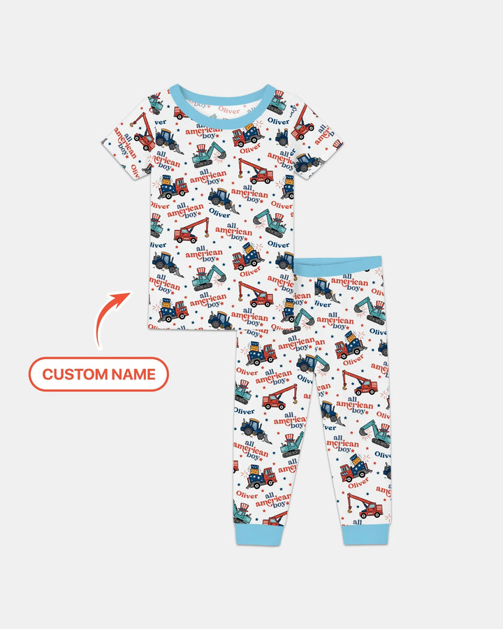 Custom Name All-American Boy Bamboo Two Piece Short Sleeve Pajama Set