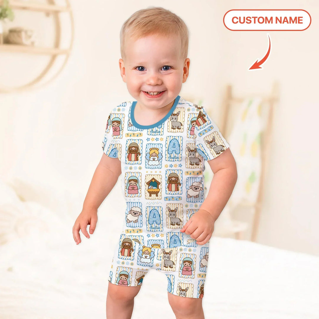 Custom Name Christmas Nativity Bamboo Two Piece Short Sleeve Shorts Pajama Set