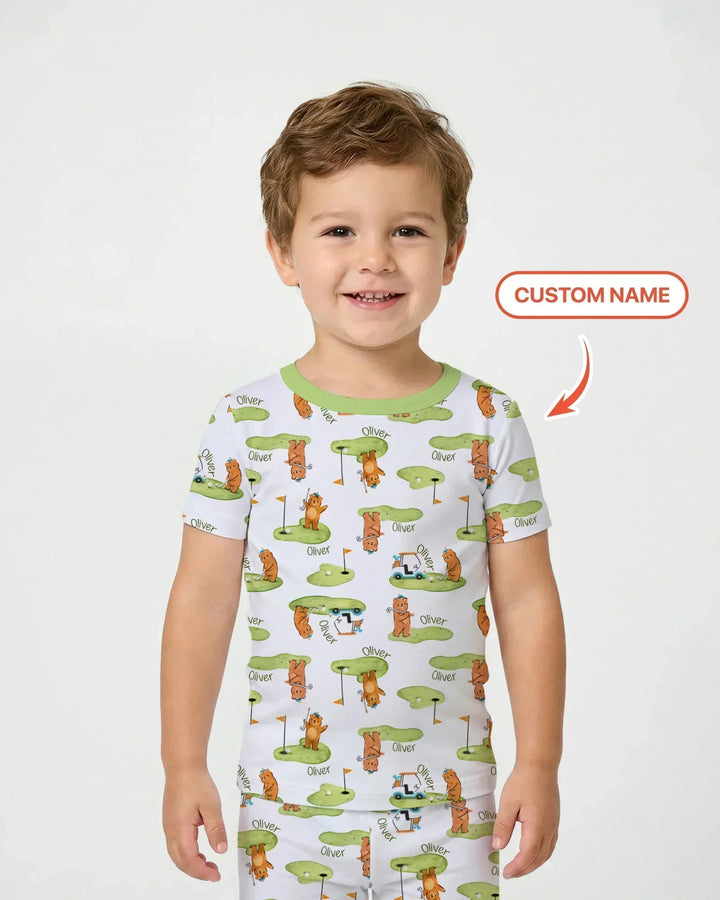 Custom Name Little Bear Golf Club Bamboo Two Piece Short Sleeve Pajama Set