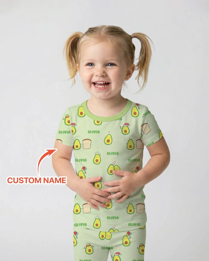 Custom Name Cute Avocado Bamboo Two Piece Short Sleeve Pajama Set