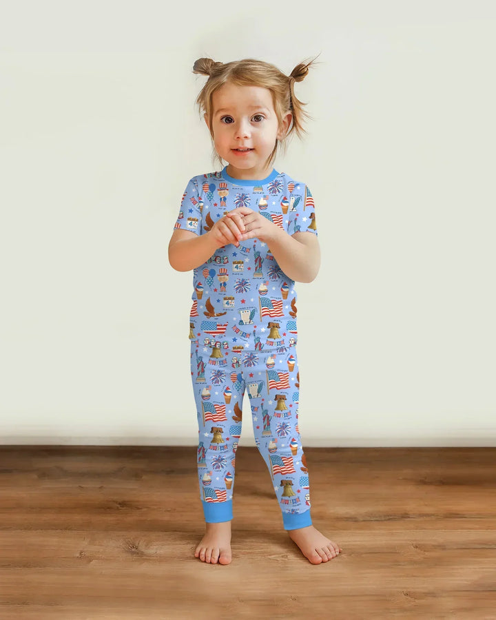 Hand Drawn Patriotic Iconic Bamboo Two Piece Short Sleeve Pajama Set