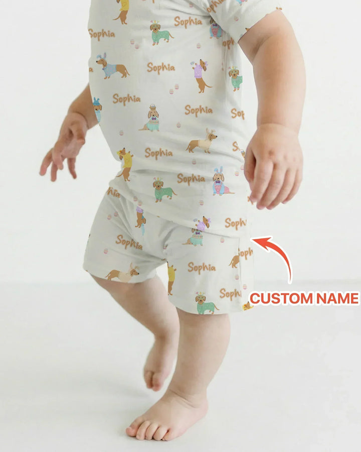 Custom Name Easter Dachshund Bamboo Two Piece Short Sleeve Shorts Pajama Set