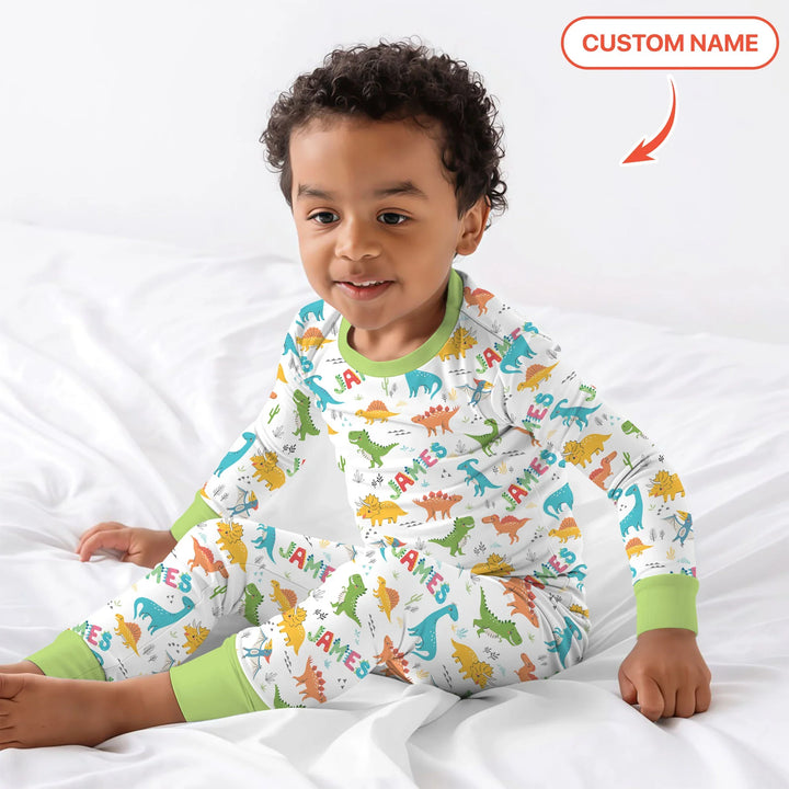 Dino Adventure Custom Name Bamboo Two Piece Long Sleeve Pajama Set