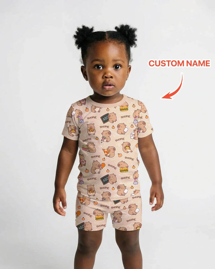 Custom Name Cute Capybara Bamboo Two Piece Short Sleeve Shorts Pajama Set