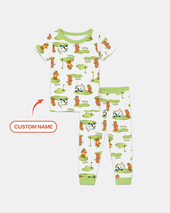 Custom Name Little Bear Golf Club Bamboo Two Piece Short Sleeve Pajama Set