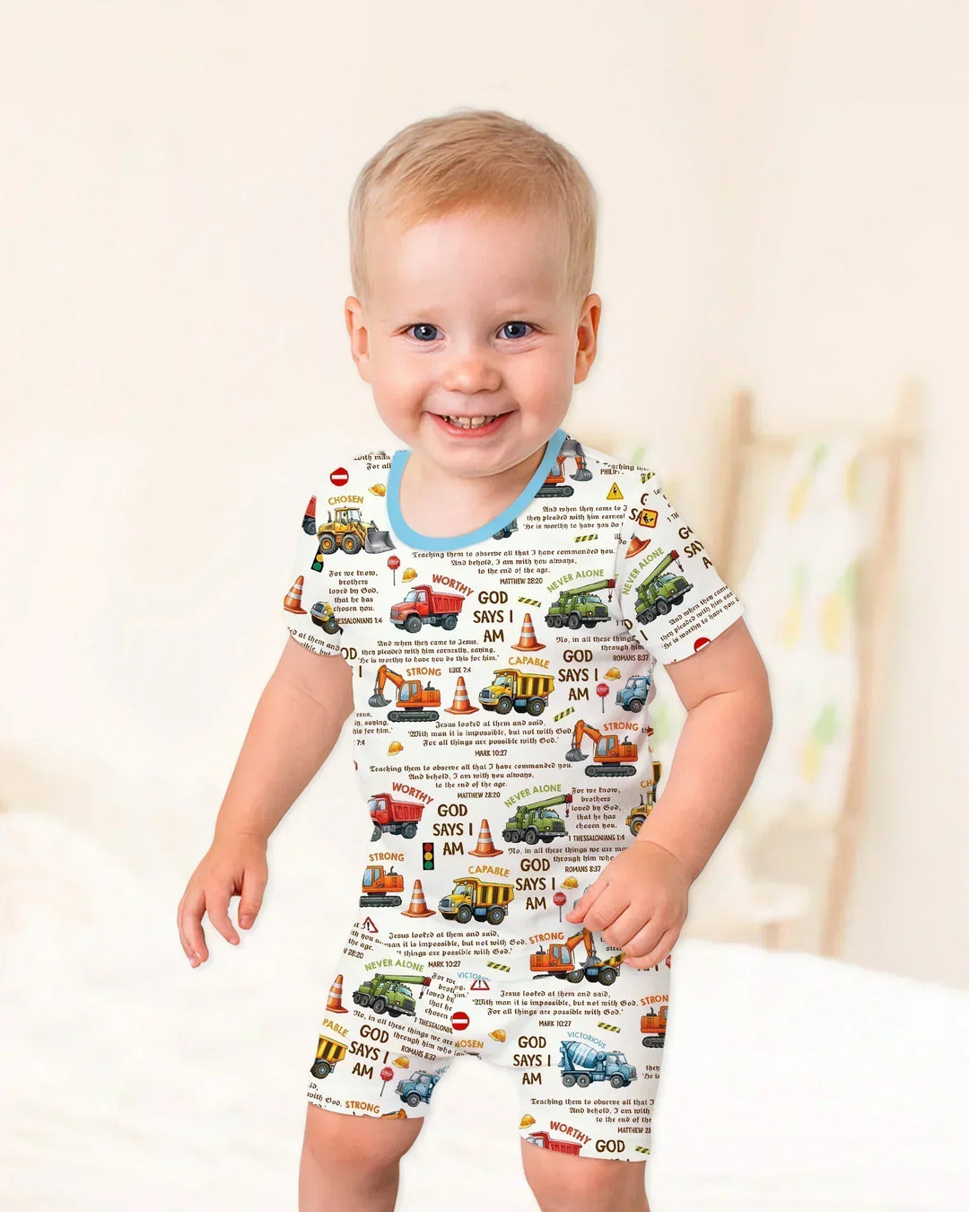 Bible Verse Construction Trucks Bamboo Two Piece Short Sleeve Shorts Pajama Set