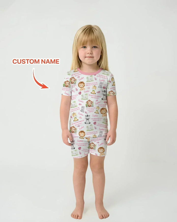 Custom Name Bible Verse Safari Animal Bamboo Two Piece Short Sleeve Shorts Pajama Set