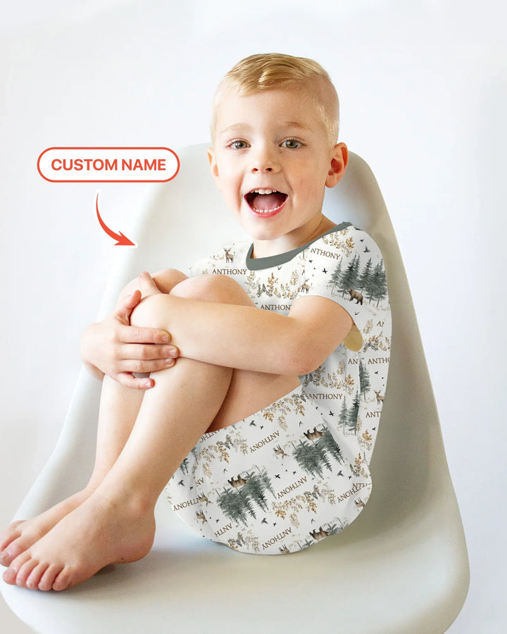 Custom Name Forest Bear Deer Bamboo Two Piece Short Sleeve Shorts Pajama Set