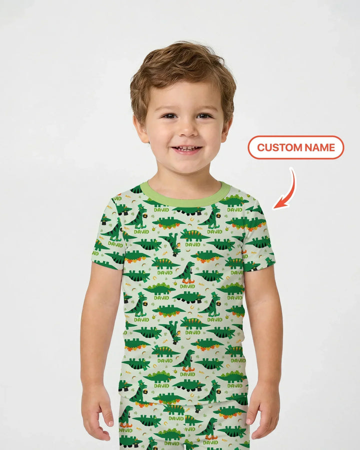 St. Patrick's Day Dinosaurs Custom Bamboo Two Piece Short Sleeve Pajama Set