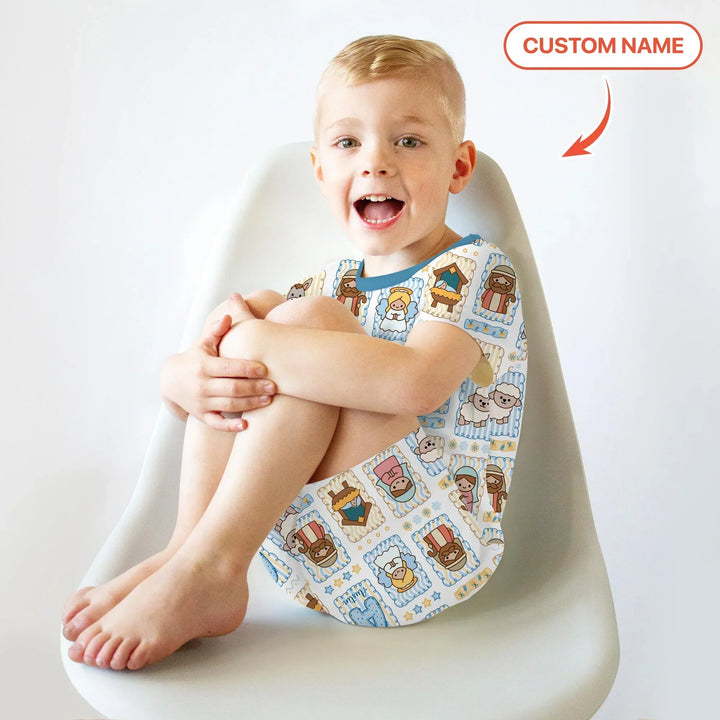 Custom Name Christmas Nativity Bamboo Two Piece Short Sleeve Shorts Pajama Set