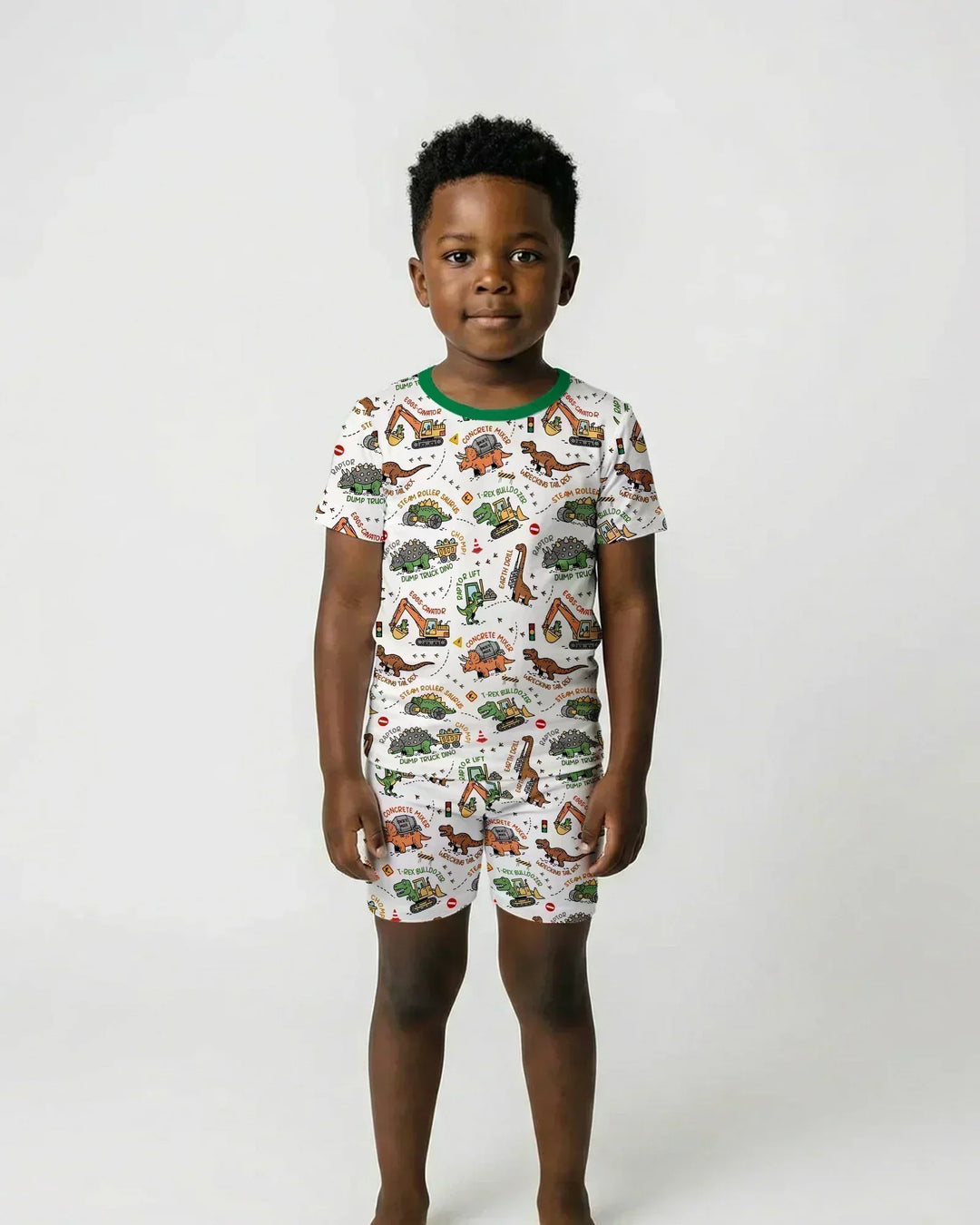 Dinosaur Construction Truck Bamboo Two Piece Short Sleeve Shorts Pajama Set