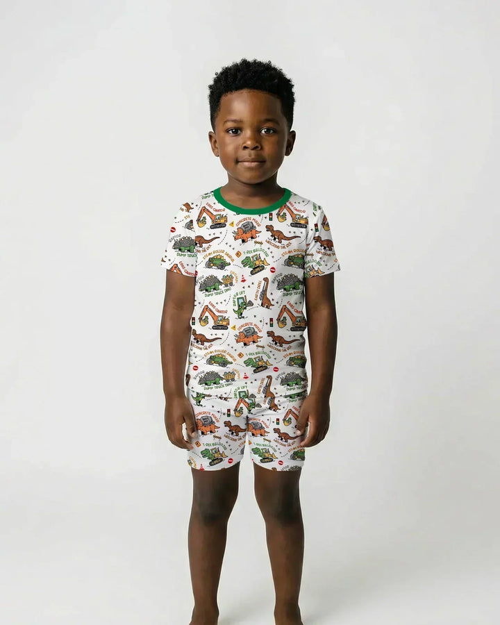 Dinosaur Construction Truck Bamboo Two Piece Short Sleeve Shorts Pajama Set