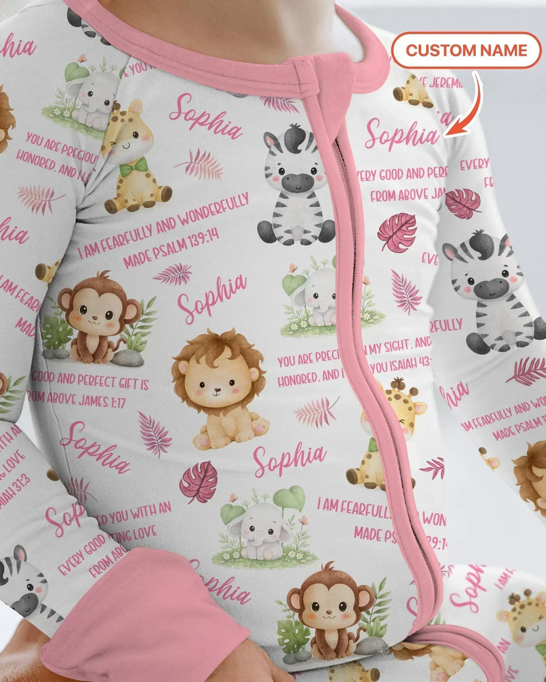 Custom Name Bible Verse Safari Animal Bamboo Convertible Zippy