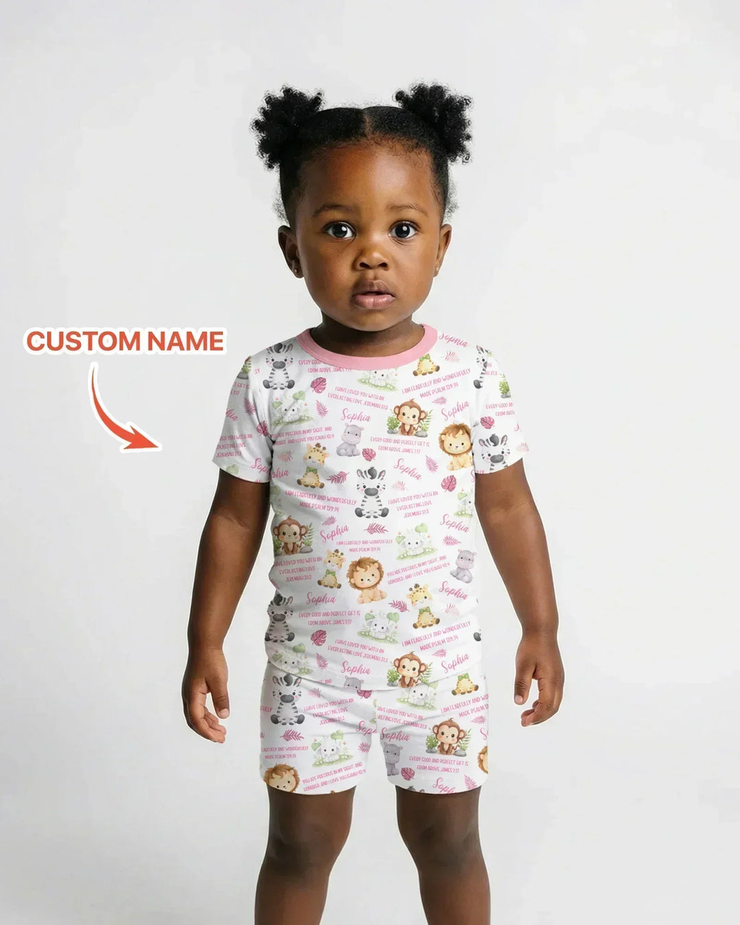Custom Name Bible Verse Safari Animal Bamboo Two Piece Short Sleeve Shorts Pajama Set