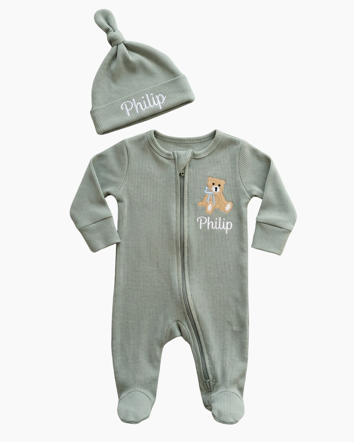 Personalized Teddy Bear Embroidered Ribbed Bamboo Welcome Home Bundle