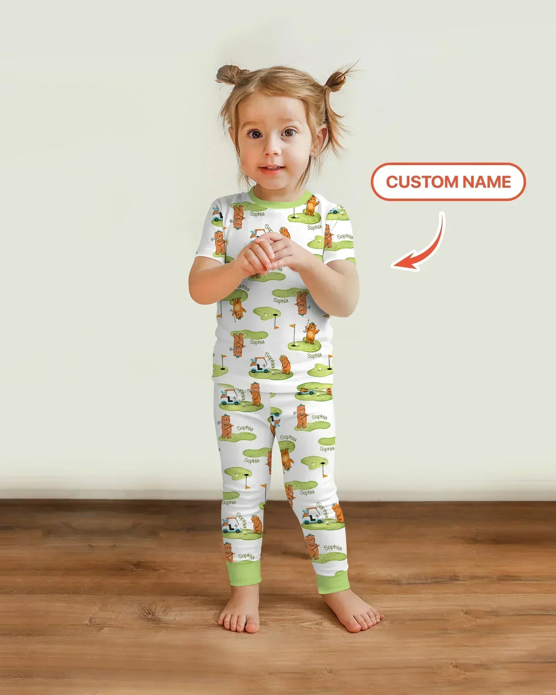 Custom Name Little Bear Golf Club Bamboo Two Piece Short Sleeve Pajama Set