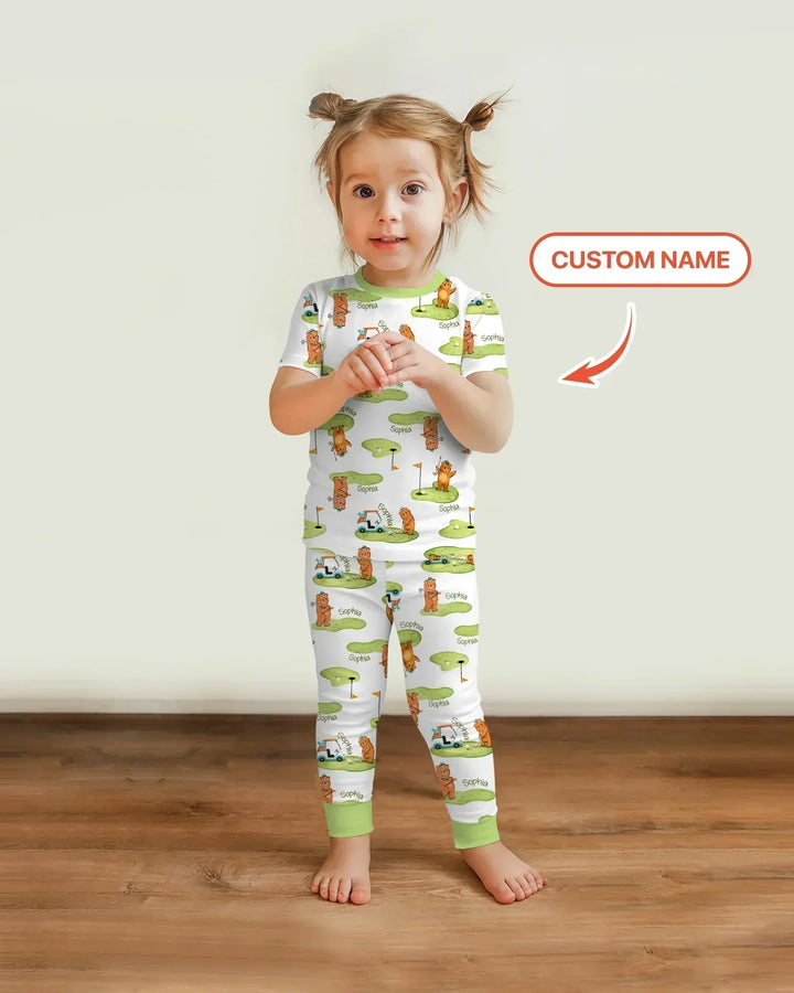 Custom Name Little Bear Golf Club Bamboo Two Piece Short Sleeve Pajama Set