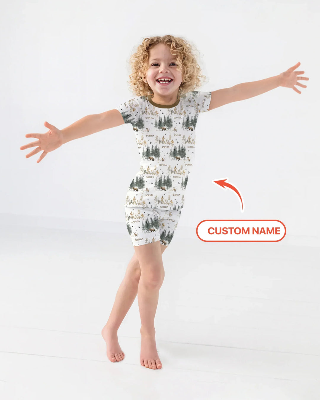 Custom Name Forest Bear Deer Bamboo Two Piece Short Sleeve Shorts Pajama Set