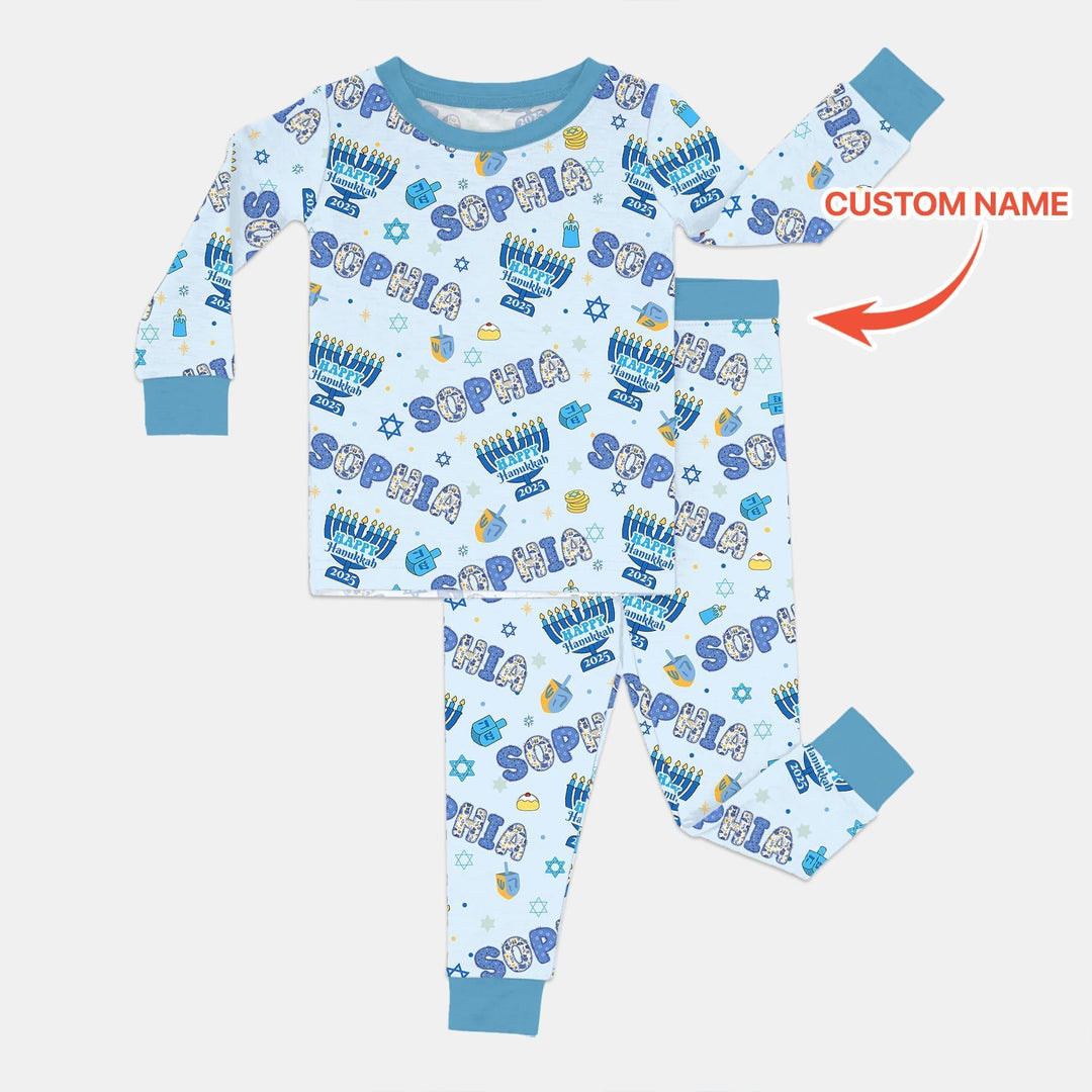 Custom name Happy Hanukkah 2025 Bamboo Two Piece Long Sleeve Pajama Set