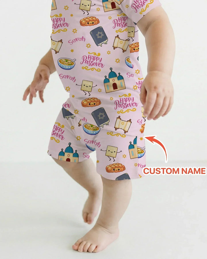 Custom name "Pesach Sameach" Bamboo Two Piece Short Sleeve Shorts Pajama Set