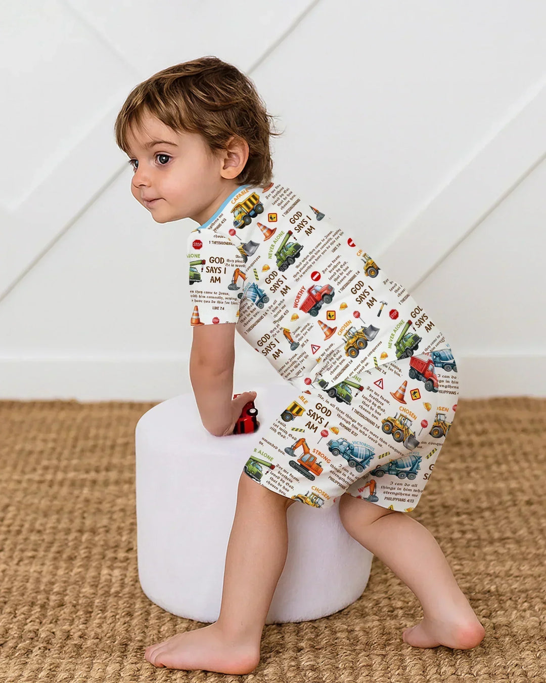 Bible Verse Construction Trucks Bamboo Two Piece Short Sleeve Shorts Pajama Set
